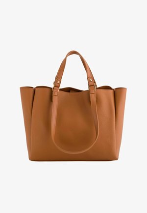 Medium brown leather tote bag with textured surface, two shoulder straps, and a slightly open top.