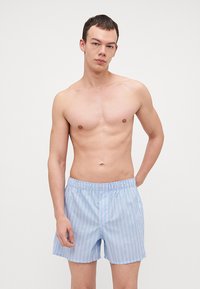 Blå stripete shorts med elastisk midje, prydet med tynne hvite vertikale striper og en løs passform.