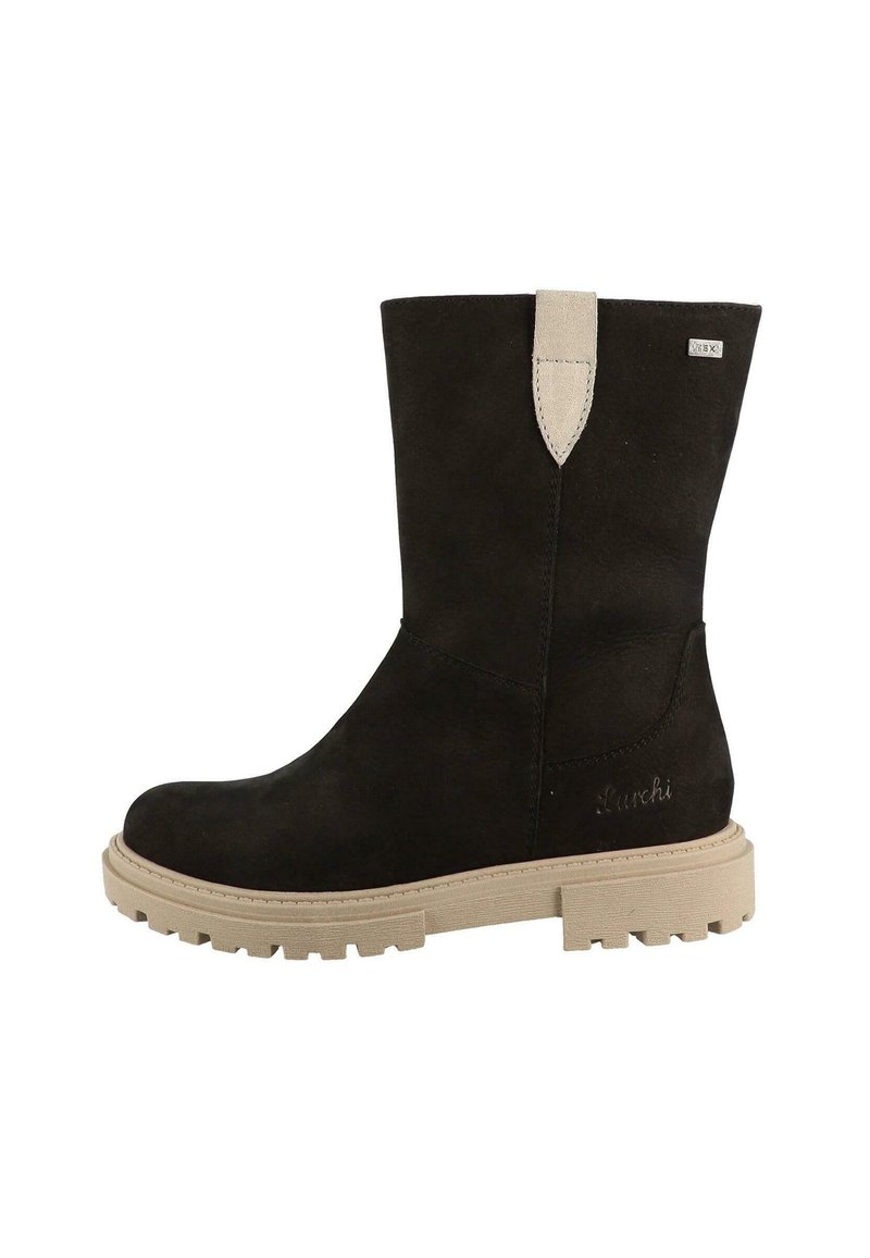 Black suede ankle boot with a beige rubber sole, featuring a tab at the back and the brand name embossed on the side.