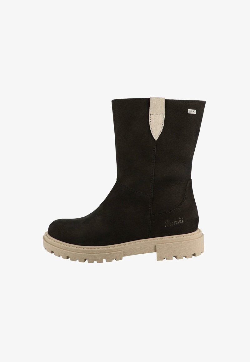 Black suede ankle boot with a beige rubber sole, featuring a tab at the back and the brand name embossed on the side.