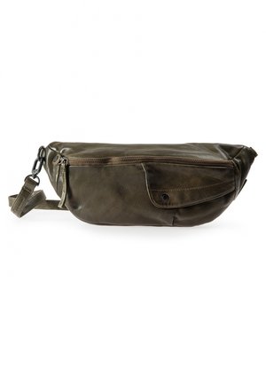 Dark green leather waist bag with front flap pocket, zipper closure, and adjustable strap with metal clasp.