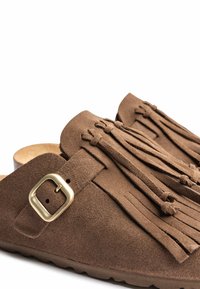 Bruine slip-ons van suède met tassels en een gouden gespsdetail, in close-up tegen een witte achtergrond getoond.