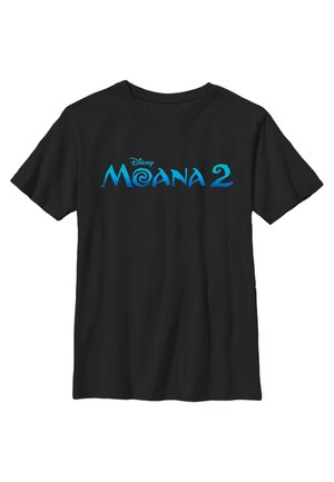 Czarna koszulka z krótkim rękawem z napisem "Disney Moana 2" napisanym niebieskimi stylizowanymi literami na piersi.