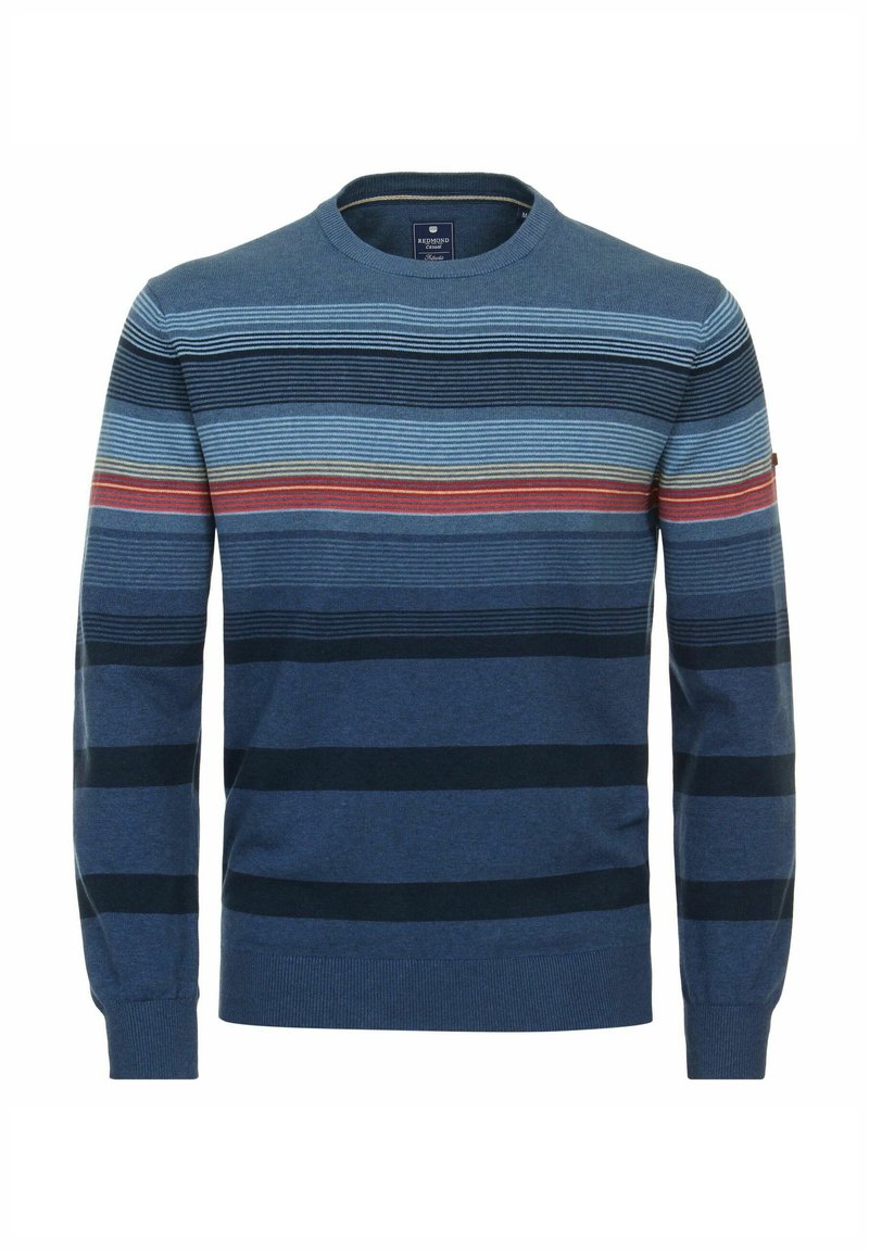 Blau gestreifter Pullover mit horizontalen Streifen in verschiedenen Blautönen, Rot und Dunkelblau. Gerippter Rundhalsausschnitt und Bündchen, weicher Stoff.