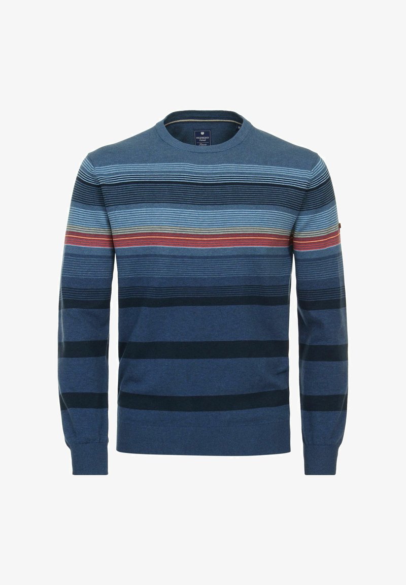 Blau gestreifter Pullover mit horizontalen Streifen in verschiedenen Blautönen, Rot und Dunkelblau. Gerippter Rundhalsausschnitt und Bündchen, weicher Stoff.