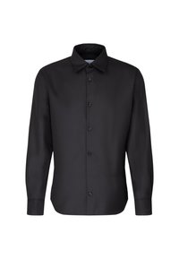 Camicia nera a maniche lunghe in tessuto morbido, con chiusura a bottoni, colletto a punta e polsini abbottonati, dal design elegante.