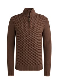 Bruine gebreide pullover met een kwart-ritssluiting, voorzien van een gestructureerd ruitpatroon. Ribgebreide manchetten en zoom maken het ontwerp compleet.