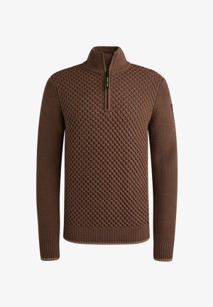 Brązowy sweter z dzianiny z zamkiem błyskawicznym do jednej czwartej, zdobiony teksturowanym wzorem w diamenty. Żebrowane mankiety i dół dopełniają projekt.