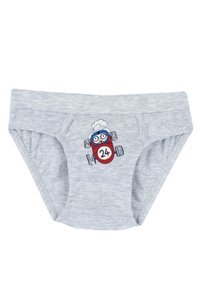 Graue Baumwollslips mit einem Cartoon-Hund in einem roten Rennwagen mit der Nummer "24" und Rauchwolken, mit einer glatten Textur und einem elastischen Bund.