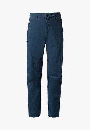 Pantalons de randonnée pour hommes en bleu, fabriqués en tissu léger. Comprend deux poches zippées sur les côtés, une fermeture à bouton et des jambes fuselées pour le confort.