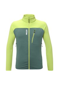 Fleecejacke mit hohem Kragen, in der Farbe grün am Rumpf und limettengrünen Ärmeln. Verfügt über eine Reißverschlusstasche und ein Logo auf der Brust.