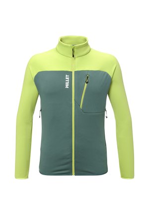 Polarowa kurtka z wysokim kołnierzem, w zielonym odcieniu korpusu i limonkowymi rękawami. Zawiera kieszeń z zamkiem i logo na piersi.