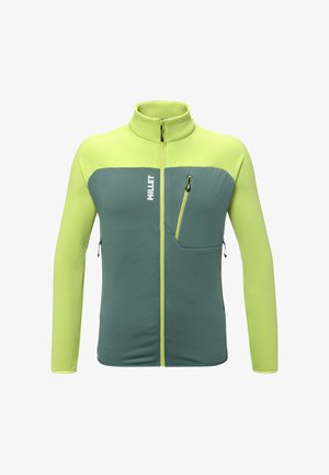 Polarowa kurtka z wysokim kołnierzem, w zielonym odcieniu korpusu i limonkowymi rękawami. Zawiera kieszeń z zamkiem i logo na piersi.