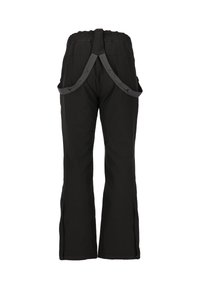 Zwarte buitenbroeken met een elastische tailleband, verstelbare banden en zijzakken, met een recht model en een strakke textuur.