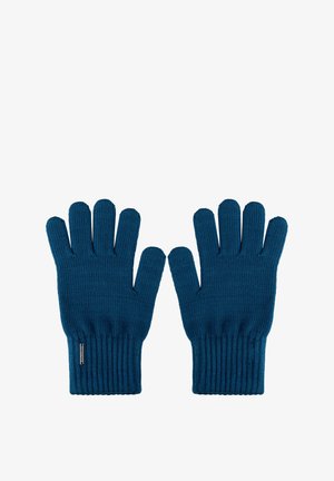 Niebieskie, dziane rękawiczki z ściągaczem i pięcioma palcami. Materiał prezentuje teksturowany splot o jednolitym kolorze.