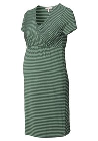 Těhotenské šaty v tmavě zelené barvě s bílými vodorovnými pruhy, s krátkými rukávy, véčkovým výstřihem a nařaseným elastickým pasem.