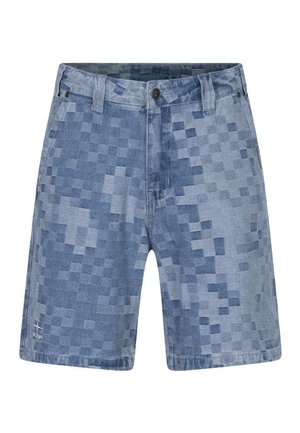 Short en denim bleu avec motif à carreaux pixellisé, fermeture par boutons, passants pour ceinture et poches avant, présenté sur fond blanc.