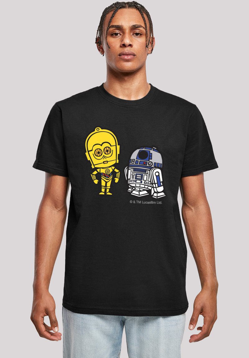 Svart T-skjorte med gule C-3PO og blå R2-D2 grafiske design. Karakterene er stilisert med fyldige konturer og detaljer.