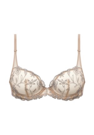 Beige beha met doorschijnende cups met zilveren bloemencembroidery en dunne verstelbare bandjes.