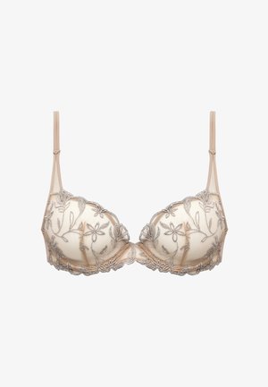 Beige beha met doorschijnende cups met zilveren bloemencembroidery en dunne verstelbare bandjes.