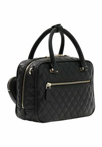 Zwarte gewatteerde leren handtas met dubbele bovenhandvatten, voorvak met ritssluiting en accenten van goudkleurig beslag. Rechthoekige vorm, gestructureerde afwerking.