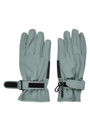 Pair of light green winter gloves with adjustable black wrist straps and a small black hook on one glove, laid flat with palms down.