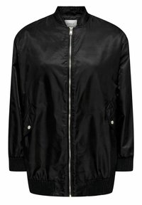 Mustassa bomber-takissa on vetoketjukiinnitys edessä, ribbireunat hihansuissa ja kaksi sivutaskua napillisilla sulkimilla. Takki on valmistettu sileästä, kevyestä materiaalista.