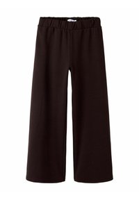 Wide-leg pants made of dark brown fabric, featuring an elastic waistband for comfort and a smooth texture without additional detailing.