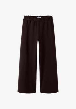 Pantalones de pierna ancha de tela marrón oscuro, con una cinturilla elástica para mayor comodidad y una textura suave sin detalles adicionales.