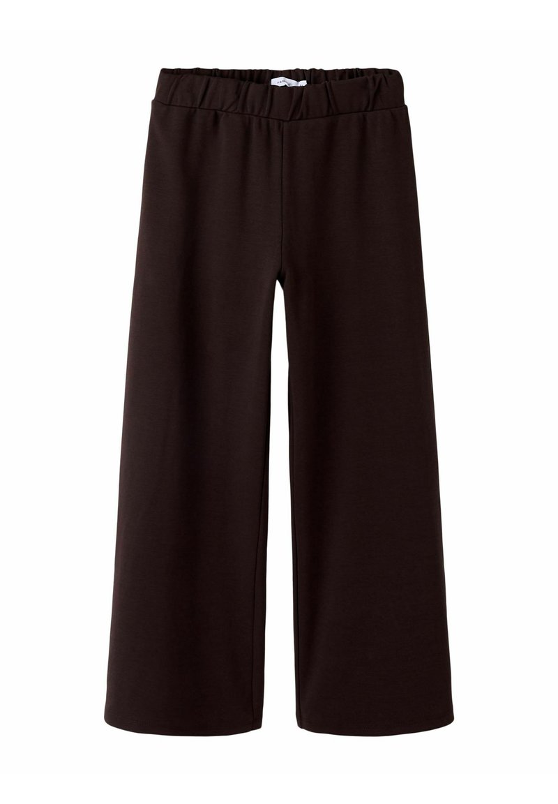 Wide-leg pants made of dark brown fabric, featuring an elastic waistband for comfort and a smooth texture without additional detailing.