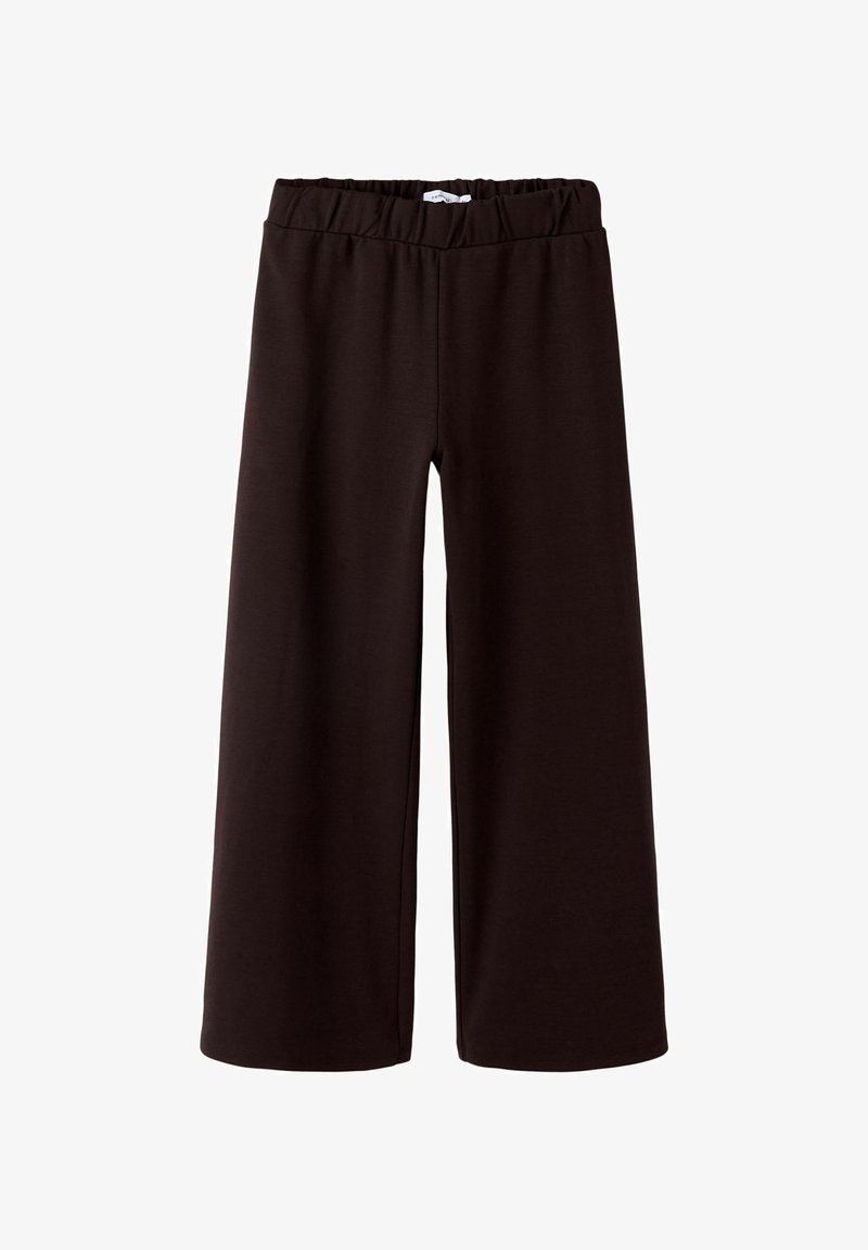 Platas kājas bikses tumši brūnā audumā ar elastīgu jostasvietu ērtībai un gludu tekstūru bez papildu apdaru.