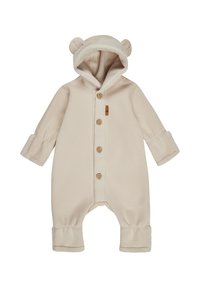 Beige children's onesie with a hood featuring bear ears, wooden buttons, and soft fleece lining at the hood and cuffs.