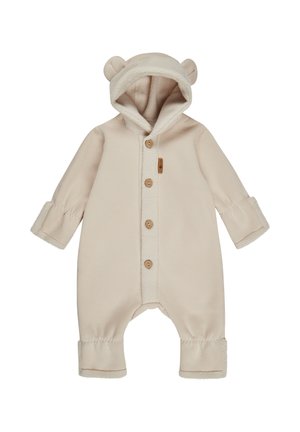 Beige Kinderanzug mit Kapuze, der Bärenohren aufweist, Holzknöpfe hat und ein weiches Fleece-Futter an der Kapuze und den Bündchen bietet.