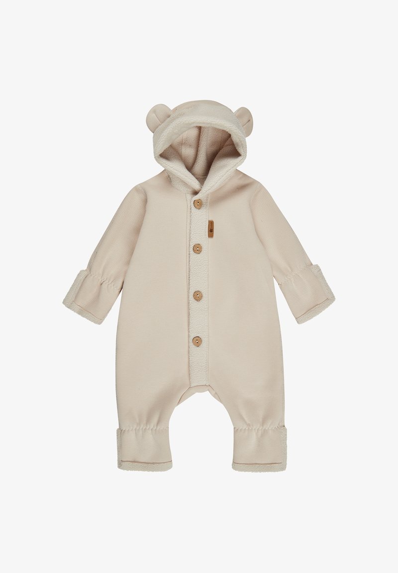 Beige Kinderanzug mit Kapuze, der Bärenohren aufweist, Holzknöpfe hat und ein weiches Fleece-Futter an der Kapuze und den Bündchen bietet.