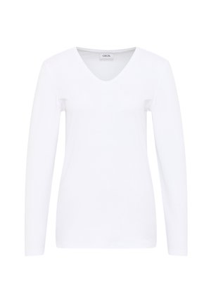 Maglietta bianca a maniche lunghe con scollo a V, realizzata in morbido cotone, caratterizzata da un design semplice senza motivi o accenti.