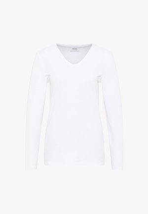 Valkoinen pitkähihaisen V-kaula-aukon t-paita, joka on valmistettu pehmeästä puuvillamateriaalista ja jossa on yksinkertainen muotoilu ilman kuvioita tai koristeita.