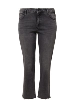 Jean en denim noir avec une coupe courte et légèrement évasée. Dispose d'un ourlet brut et d'un design classique à cinq poches. Fabriqué à partir d'un tissu résistant et texturé.