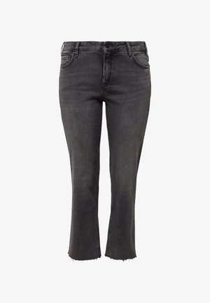 Schwarze Denim-Jeans mit einem verkürzten, leicht ausgestellten Schnitt. Sie verfügen über einen rohen Saum und ein klassisches Fünf-Taschen-Design. Hergestellt aus robustem, strukturiertem Stoff.