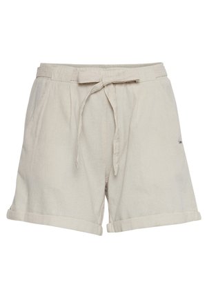 Shorts en lin beige avec une taille à cordon, poignets repliés et deux poches latérales. Texture douce, coupe décontractée avec un minimum de détails.