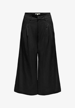 Pantalon culotte noir à jambes larges avec plis sous la ceinture, passants de ceinture et fermeture éclair à l'avant.