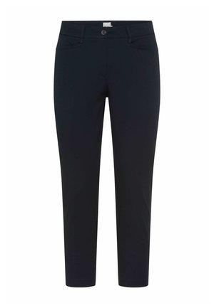 Pantaloni neri slim-fit con bottone frontale e passanti per cintura, dotati di tasche laterali, mostrati su sfondo bianco.