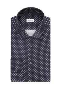 Donkerblauw overhemd met een wit en lichtblauw ruitpatroon. Het heeft een puntkraag, lange mouwen en knopen aan de voorkant.