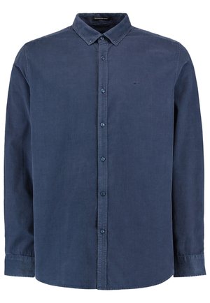 Chemise boutonnée bleu marine en tissu texturé, avec un col écarté, des manches longues et un détail de poche à l'avant.