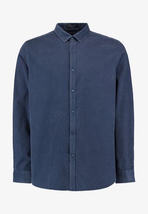 Camicia button-up blu navy realizzata in tessuto testurizzato, con colletto alla francese, maniche lunghe e dettaglio della tasca frontale.