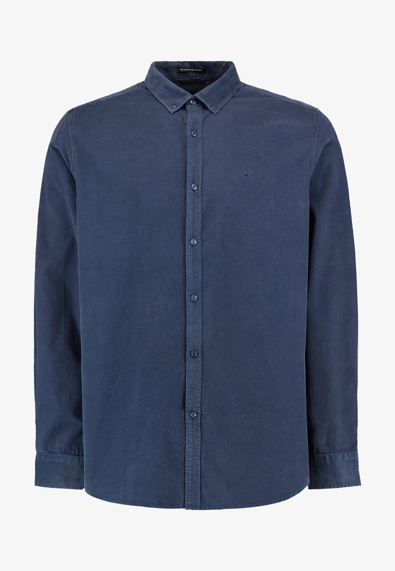 Marinblå skjorta med knappar i strukturerad tyg, med spridd krage, långa ärmar och detaljerad framsidan ficka.