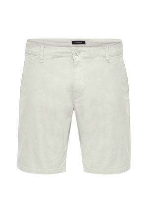 Heledad hallid lühikesed püksid, mis on valmistatud puuvillast ning millel on sile tekstuur. Mudel sisaldab lukuga lendavat ning nupukinnitust ning küljetaskuid. Lihtne, kohandatud disain.