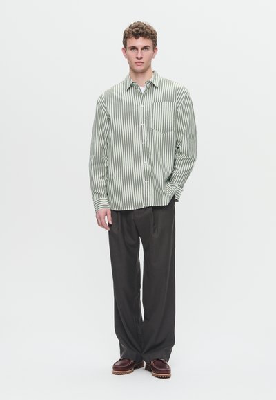 Young man standing wearing a green and white striped button-up shirt, loose dark pants, and brown shoes against a plain white background.