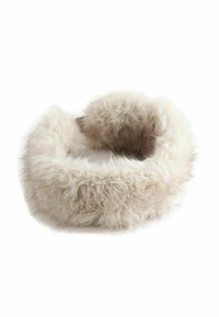 Faux fur halsvarmer i beige og creme nuancer med en blød, fluffy tekstur. Cirkulært design for nem brug og varme.