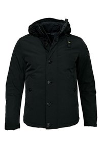 Svart vattentät jacka med huva, med knappstängning framtill, två sidofickor och en slät textur. Inkluderar svarta knappar och en logodetalj.