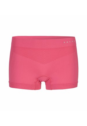 Seamless pink athletic boyshorts with textured chevron pattern and "FALKE" logo on the waistband, designed for comfort and performance.